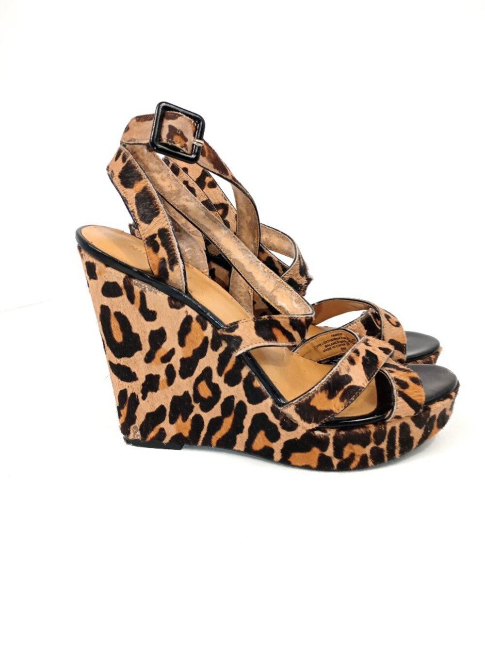 Leopard Print Platform Wedge Sandals Size 9 Strappy Ankle Buckle Heels